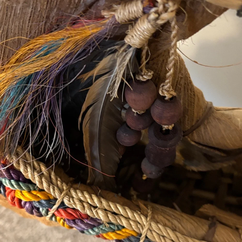 Native American palm frond leaf wall rope basket.